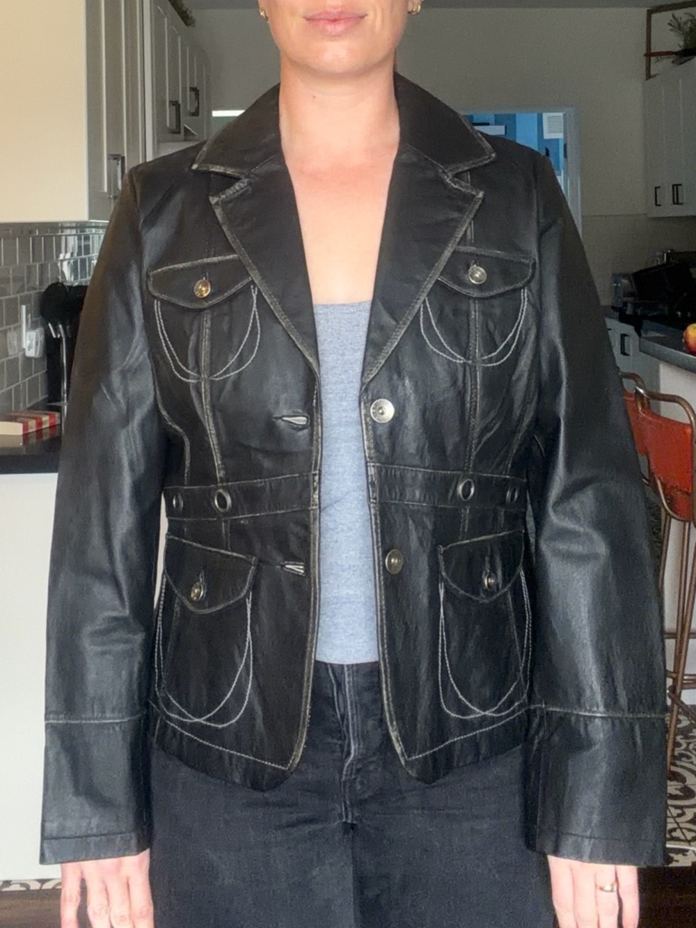 Women's Black Leather Button-Front Blazer - Picture 10 of 16
